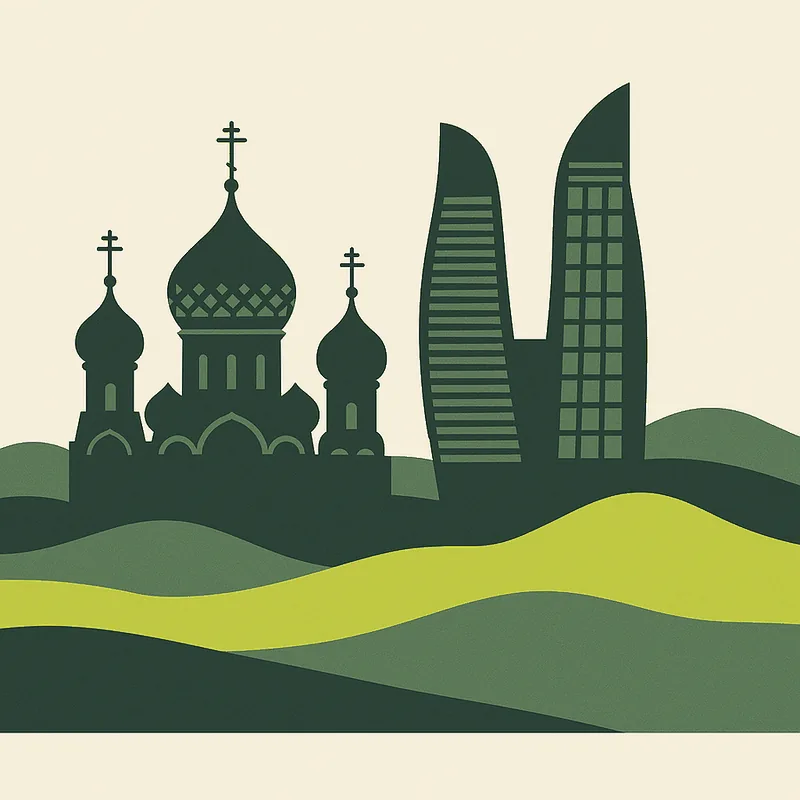 Stylised CIS skyline — onion-dome towers, modern skyscrapers and open steppe