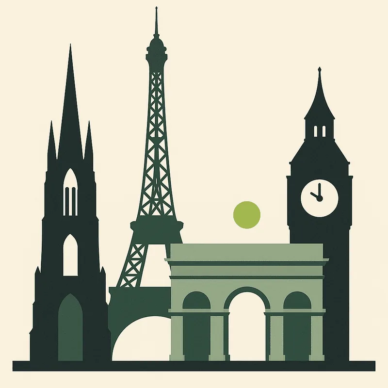 Stylised European skyline — a Gothic spire, a lattice tower and a clock tower