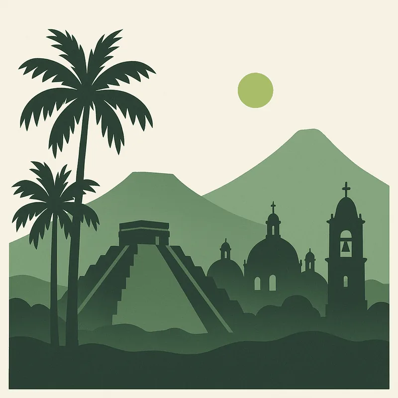 Stylised Latin American skyline — palms, a Mesoamerican pyramid and colonial domes